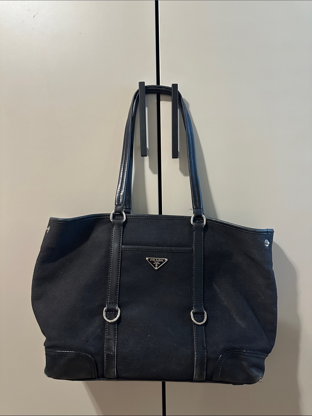 Prada Black Canvas Tote with Leather Trim and Silver Hardware